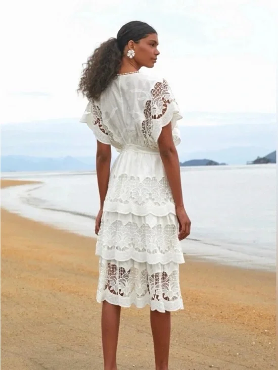 FARM Rio Off White Lace Richelieu Embroidered Tiered V-Neck Midi Dress - Picture 2 of 8